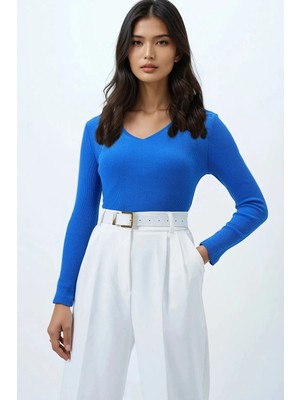 TeknoKapsül Trend Alaçatı Stili Kadın V Yaka Kaşkorse Basic Bluz Koyu Mavi ALC-X13290