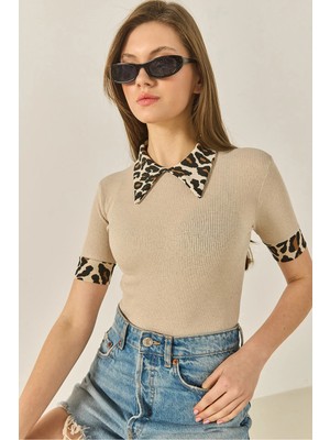 TeknoKapsül Bianco Lucci Kadın Polo Yaka Leopar Detaylı Fitilli Örme Bluz 2470 60284047