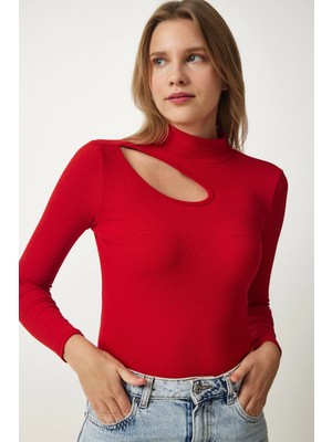 TeknoKapsül Happiness Istanbul Kadın Kırmızı Cut Out Detaylı Fitilli Örme Bluz GT00065