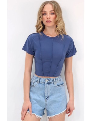 TeknoKapsül Trend Alaçatı Stili Indigo Bisiklet Yaka Önü Dikişli Crop Sandy Bluz ALC-X11782