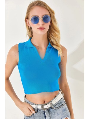 TeknoKapsül Olalook Kadın Mavi Polo Yaka Kolsuz Crop Triko Bluz BLZ-19002281
