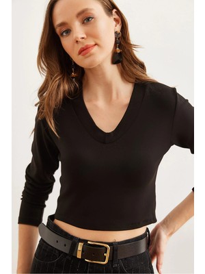TeknoKapsül Olalook Kadın Siyah V Yaka Soft Touch Esnek Bluz BLZ-19002767