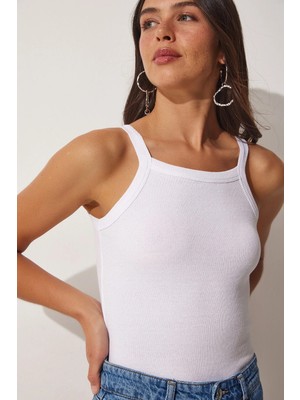 TeknoKapsül Happiness Istanbul Kadın Beyaz Fitilli Crop Halter Yaka Örme Atlet ZV00106