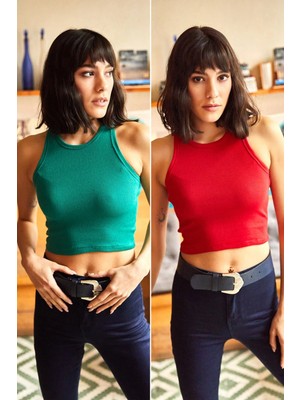 TeknoKapsül Olalook Kadın Yeşil Kırmızı Rambo 2'li Likralı Örme Crop  Bluz BLZ-19001797