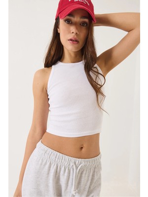 TeknoKapsül Bianco Lucci Kadın Fitilli Halter Yaka Kaşkorse Basic Crop Top Atlet 60602045