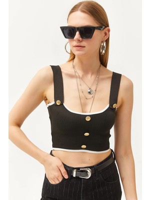 TeknoKapsül Olalook Kadın Siyah Düğme Detaylı Askılı Crop Triko Bluz BLZ-19002551
