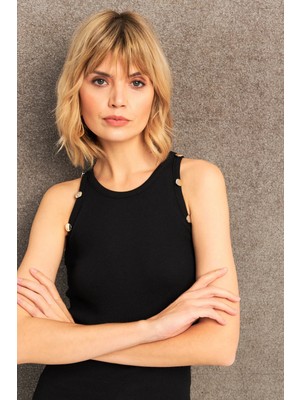 TeknoKapsül Cool & Sexy Kadın Siyah Düğme Detaylı Kolsuz Kaşkorse Bluz TF55