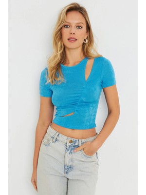 TeknoKapsül Cool & Sexy Kadın Pencereli Crop Bluz Mavi AYD278