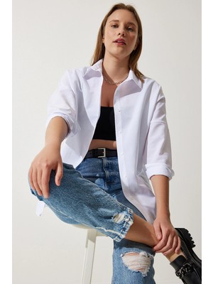 TeknoKapsül Happiness Istanbul Kadın Beyaz Oversize Uzun Basic Gömlek DD00842