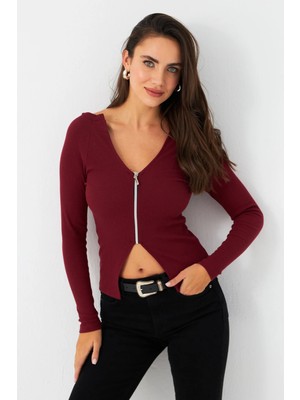 TeknoKapsül Cool & Sexy Kadın Bordo Fermuarlı Kaşkorse Bluz EY2954