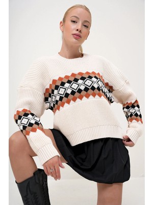 TeknoKapsül Vaggon Kadın Bej Bisiklet Yaka Triko Crop Kazak PRM1068