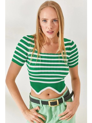 TeknoKapsül Olalook Çimen Yeşili Çizgili Asimetrik Crop Triko Bluz BLZ-19002261