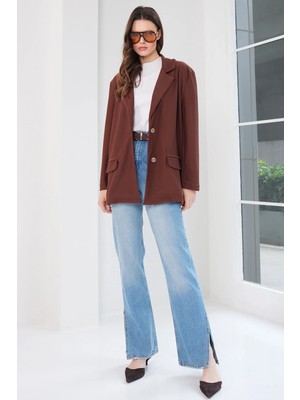 TeknoKapsül Trend Alaçatı Stili Kahve Oversize Blazer Ceket ALC-X14776