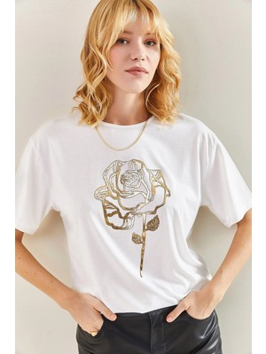 TeknoKapsül Bianco Lucci Kadın Gül Desenli Tshirt 40701006