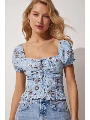 TeknoKapsül Happiness Istanbul Kadın Gök Mavi Çiçekli Büzgü Yakalı Örme Crop Bluz HK00021