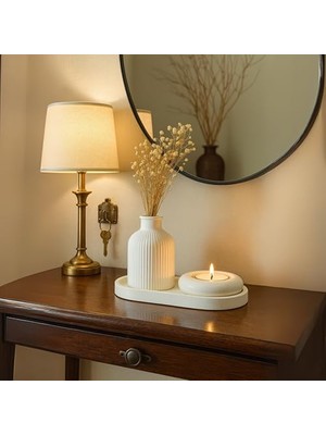 Odea Beyaz Seramik Vazo, Tealight Mumluk ve Dekoratif Tepsi Seti - Beyaz Minimal Tasarım