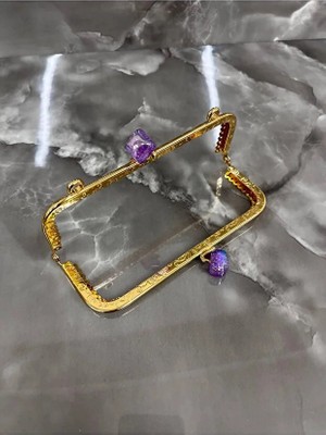 Velanee 15 cm Mor Taş Detaylı Altın Renk Metal Çanta Klipsi