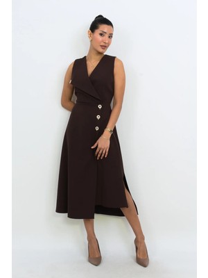 Dorne Moda Gold Düğme Detaylı Midi Elbise - Düğün - Mezuniyet - Ofis Şıklığı