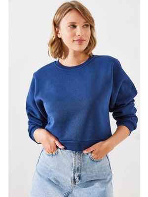 TeknoKapsül Bianco Lucci Kadın Bisiklet Yaka Şardonlu Basic Crop Sweatshirt 60251797