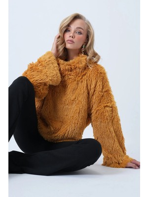 TeknoKapsül Trend Alaçatı Stili Kadın Hardal Sarısı Dik Yaka Tüylü Peluş Bluz ALC-X14591