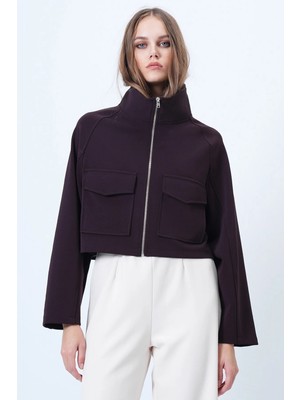 TeknoKapsül Trend Alaçatı Stili Kadın Mor Dik Yaka Çift Cepli Reglan Kol Ceket ALC-X14409