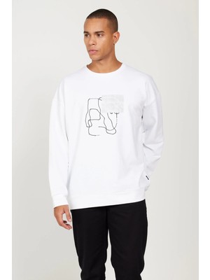 TeknoKapsül Ac&co / Altınyıldız Classics Beyaz Oversize Bol Kesim Bisiklet Yaka Baskılı Rahat Sweatshirt