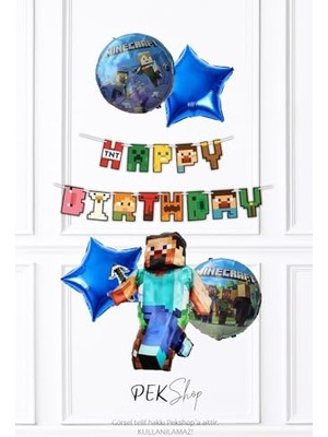 Odea Minecraft Konsept Doğum Günü Seti Happy Bithday Banner ve 5li Balon Seti