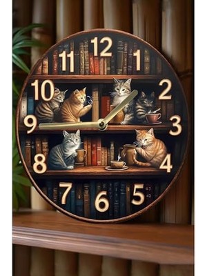 Odea Sessiz Yuvarlak Ahşap Duvar Saati Kuvars Hareketli 2d Kedi Desen SDW018,SDW018 33 x