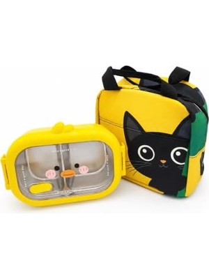 Odea 304 Paslanmaz Çelik Çocuk Beslenme Kabı Kedili Termal Çantalı 2 Bölmeli Lunch Box Yemek Kabı
