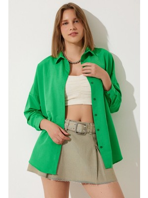 TeknoKapsül Happiness Istanbul Kadın Koyu Yeşil Oversize Uzun Basic Gömlek  DD00842