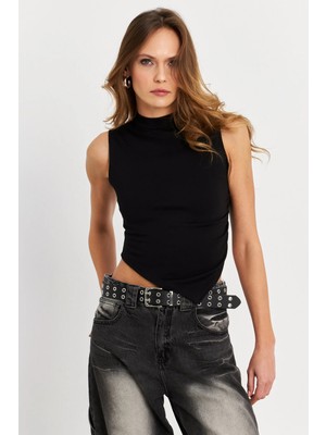 TeknoKapsül Cool & Sexy Kadın Siyah Kolsuz Crop Bluz ZH07