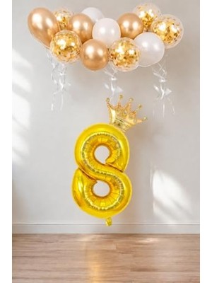 Odea 8 Rakam Gold Folyo Balon, Kral Tacı ve Konfetili Gold Balon