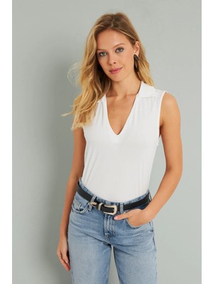 TeknoKapsül Cool & Sexy Kadın Polo Yaka Bluz Beyaz AYD276