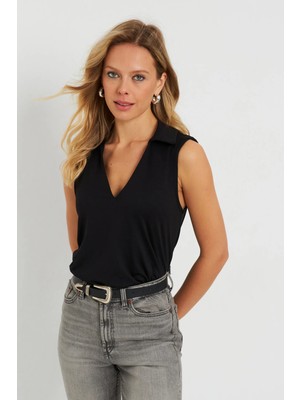 TeknoKapsül Cool & Sexy Kadın Polo Yaka Bluz Siyah AYD276
