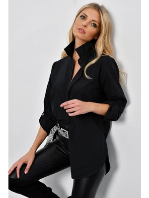 TeknoKapsül Cool & Sexy Kadın Siyah Gizli Düğmeli Uzun Gömlek SF2001