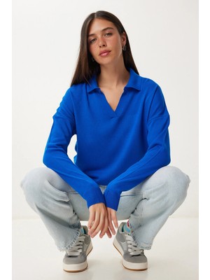TeknoKapsül Happiness Istanbul Kadın Mavi Polo Yaka Basic Kazak BV00094