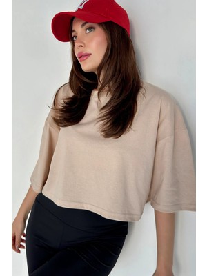 TeknoKapsül Modagen Kadın Oversize Bej Crop Tshirt