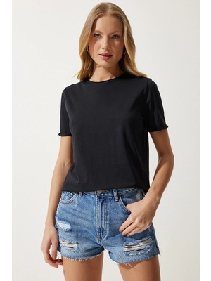 TeknoKapsül Happiness Istanbul Kadın Siyah Bisiklet Yaka Basic Örme T-Shirt UB00229