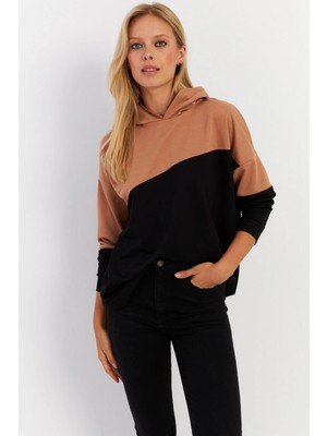TeknoKapsül Cool & Sexy Kadın Camel-Siyah Renk Bloklu Kapüşonlu Sweatshirt DA148