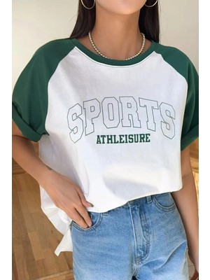 TeknoKapsül Know Kadın Pamuk Beyaz Kolları Yeşil Sports Baskılı Bisiklet Yaka Oversize Boyfriend T-Shirt