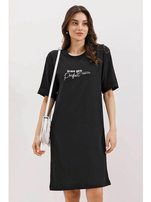 TeknoKapsül Bigdart 2452 Baskılı Oversize Örme Elbise - Siyah