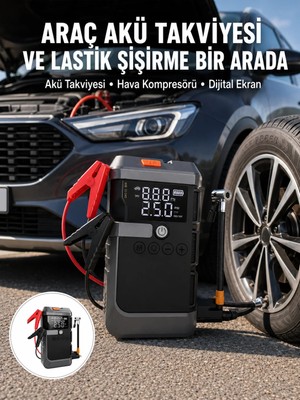 Elivora Araç Için 4 Fonksiyonlu Akü Takviye ve Lastik Şişirme Cihazı Yeni Nesil