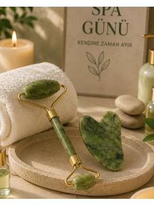 Elivora Jade Stone Yüz Bakım Seti Gua Sha ve Roller Masaj Taşı