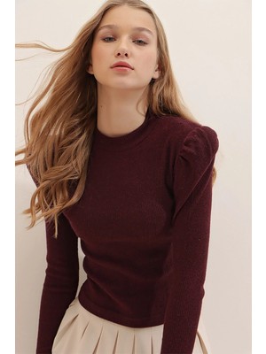 TeknoKapsül Trend Alaçatı Stili Kadın Bordo Prenses Kol Yarım Balıkçı Şardonlu Crop Bluz ALC-X5042