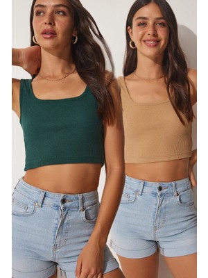 TeknoKapsül Happiness Istanbul Kadın Bisküvi Zümrüt Yeşili Askılı Crop 2'li Paket Örme Bluz GT00034