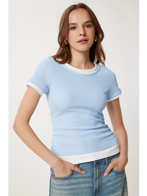TeknoKapsül Happiness Istanbul Kadın Gök Mavi Kontrast Renkli Büzgülü Fitilli Örme Bluz PB00040