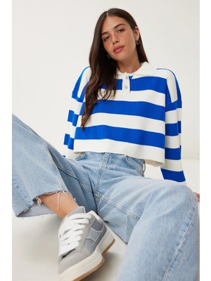 TeknoKapsül Happiness Istanbul Kadın Beyaz Mavi Şık Düğmeli Yaka Çizgili Crop Triko Kazak BV00115