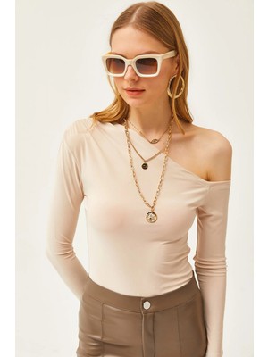 TeknoKapsül Olalook Kadın Taş Asimetrik Yaka Likralı Sandy Bluz BLZ-19002484