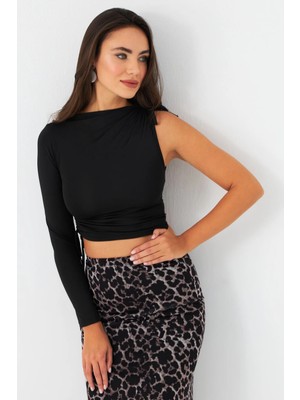 TeknoKapsül Cool & Sexy Kadın Siyah Büzülebilir Tek Kol Bluz CG390