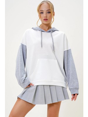 TeknoKapsül Trend Alaçatı Stili Kadın Ekru Şardonlu Renk Bloklu Oversıze Kapşonlu Sweatsıhrt ALC-X4977